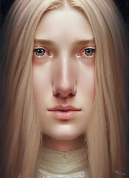 Image similar to symmetrical face!! portrait of young woman blessed with ever - increasing physical and mental perfection, realism, blonde hair, perfect face!! intricate, elegant, highly detailed, vision of holy perfection!! digital painting, artstation, concept art, smooth, sharp focus, illustration, humanity, art by artgerm and greg rutkowski and alphonse mucha