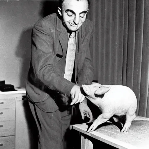 Image similar to edward teller petting a pig in an office at the manhattan project 1 9 4 4 high - quality archive photo