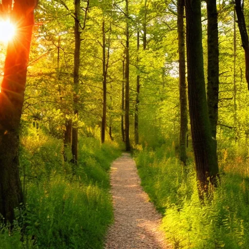 Prompt: Dutch forest trail in summer, photo, golden hour, award winning