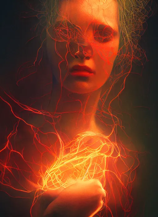 Prompt: rgb wires, portrait, woman, fire, rage, cinematic, movie scene, inspired by zdzislaw beksinski, clothes made out of veins,, cables everywhere, bedroom, ultra realistic, concept art, intricate details, highly detailed, photorealistic, octane render, 8 k