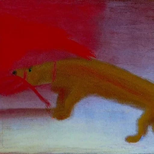 Image similar to Red long dog chasing its own tail. in the art style of William Turner. Minimalistic composition. High resolution. High details.