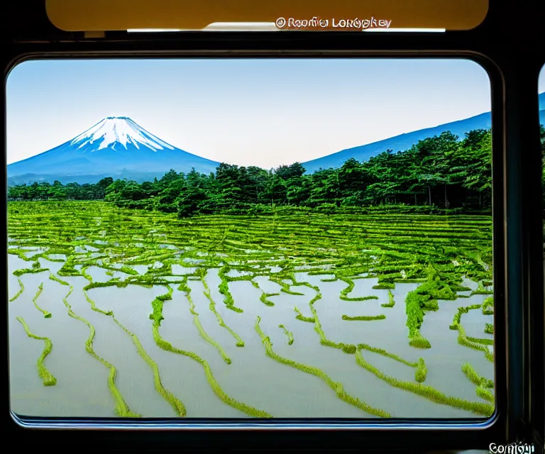 Prompt: a photo of mount fuji, japanese landscape, rice paddies, seen from a window of a train. cinematic lighting.