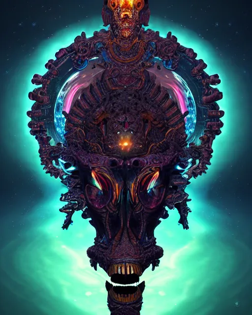 Image similar to 3 d ornate carved dark cosmic horse with profile portrait, sigma 5 0 0 mm f / 5. beautiful intricate highly detailed quetzalcoatl skull. bioluminescent, plasma, lava, ice, water, wind, creature, thunderstorm! artwork by tooth wu and wlop and beeple and greg rutkowski, 8 k trending on artstation