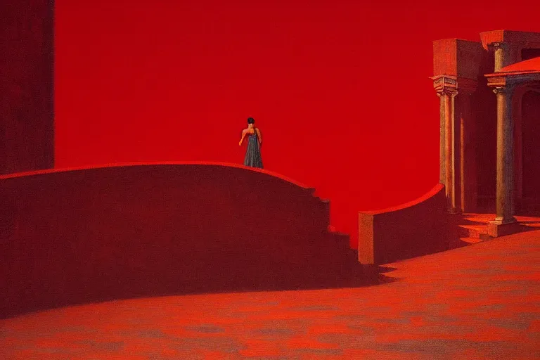 Image similar to only with red, a red great emperor, taormina amphitheatre, crowd with big smile, in the style of beksinski, parts by edward hopper, parts by rodcenko, parts by yue minjun, intricate and epic composition, red by caravaggio, insanely quality, highly detailed, masterpiece, red light, artstation, 4 k