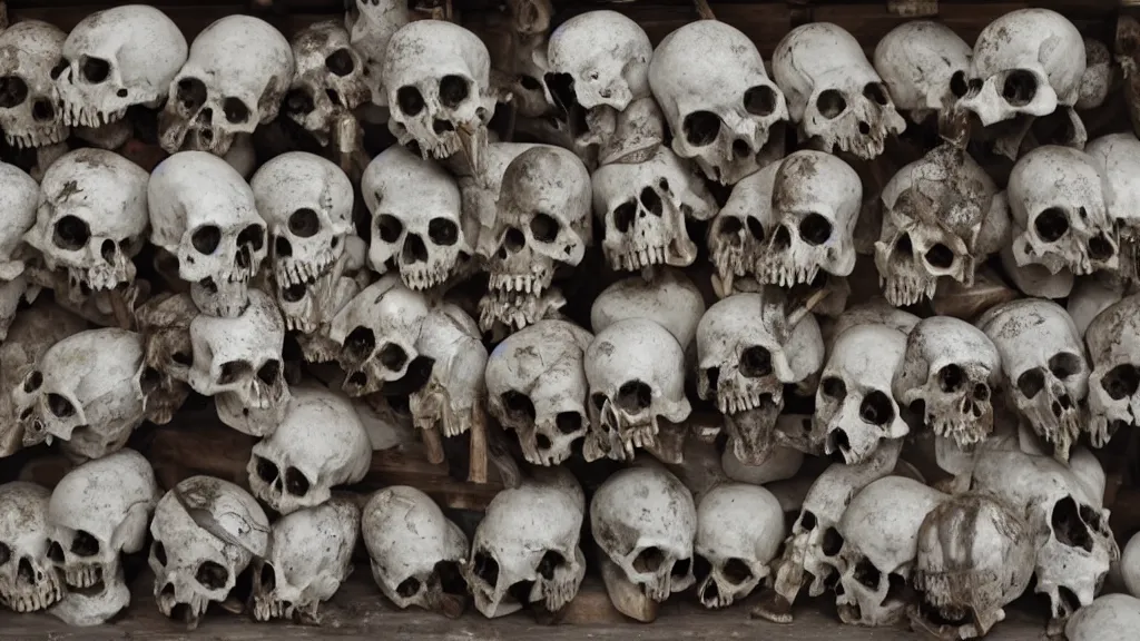 Prompt: A shelf of vampire skulls, silver vampire-hunting guns and wooden stakes