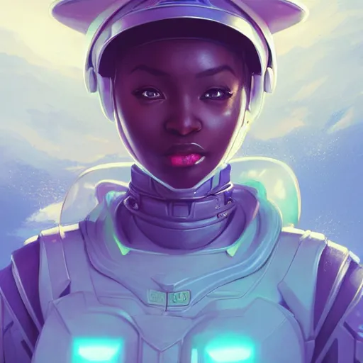 Image similar to portrait cartoon manga anime render of a strikingly gorgeous nigerian 👩🏿, wearing an intricate gundam pilot helmet, rossdraws, artgerm, norman rockwell, emiliano ponzi, epic composition, hd, octane, unreal engine, volumetric lighting, light rays, masterpiece, award - winning