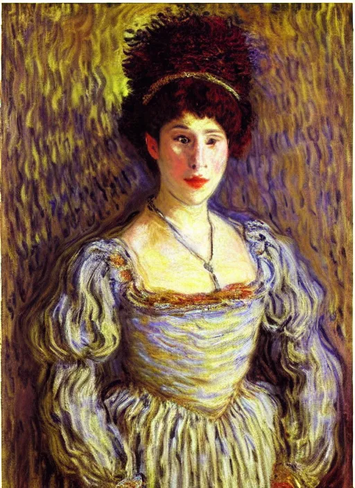 Image similar to portrait of young woman in renaissance dress and renaissance headdress, art by claude monet