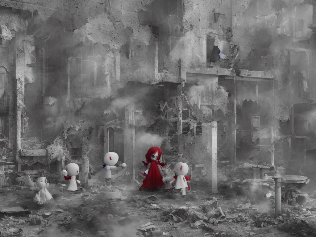 Image similar to cute fumo plush girl ghosts playing in a mysterious concrete wartorn brutalist ruin infected by strands of red parasitic fungus, chibi gothic maiden in tattered rags, dramatic three point lighting, glowing wisps of hazy smoke and volumetric fog swirling about, vray