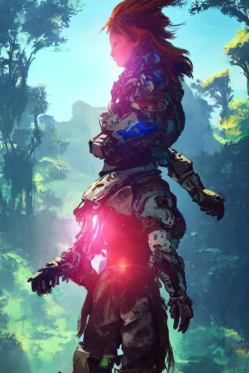 Image similar to combination suit armor aloy horizon forbidden west horizon zero dawn radiating a glowing aura global illumination ray tracing hdr fanart arstation by ian pesty and alena aenami artworks in 4 k tribal robot ninja mask helmet backpack