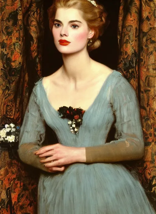 Image similar to a beautiful painting of grace kelly by John Everett Millais and Dante Gabriel Rossetti and John Collier and john william waterhouse, pre-raphaelite, detailed, trending on artstation, hd, masterpiece