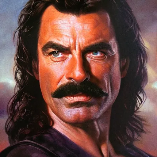 Image similar to ultra realistic portrait painting of tom selleck as aragorn, art by frank frazetta, 4 k, ultra realistic, highly detailed, epic lighting