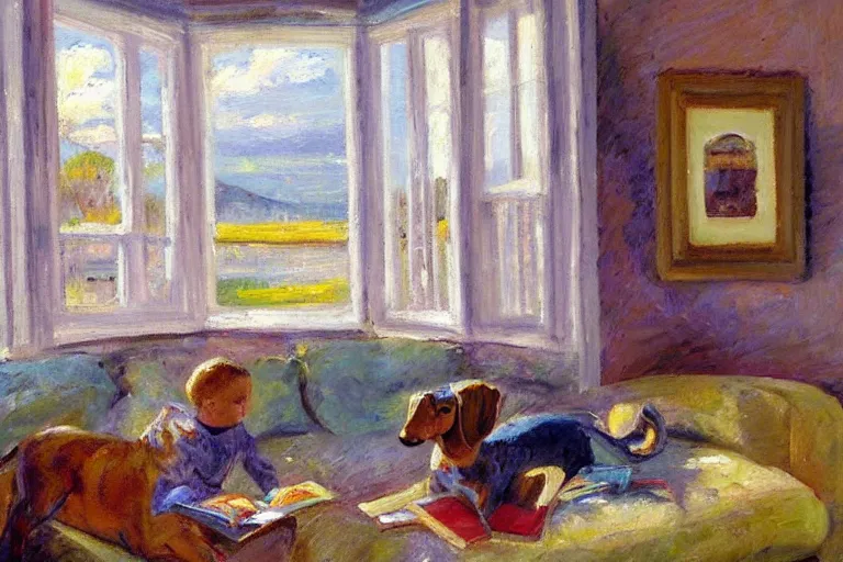 Prompt: impressionist oil painting with broad pallet knife, luminous muted colors, a bay window with comfy cushions, side view. a child reads a book, a dachshund puppy sleeps next to the child. the room is dim with sun from the window highlighting the child.