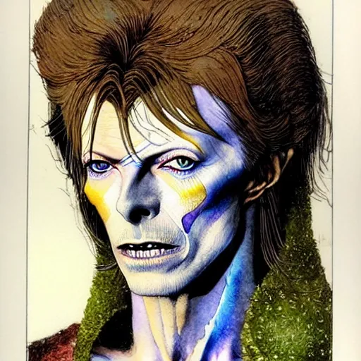 Image similar to a realistic and atmospheric watercolour fantasy character concept art portrait of david bowie as a druidic warrior wizard looking at the camera with an intelligent gaze by rebecca guay, michael kaluta, charles vess and jean moebius giraud