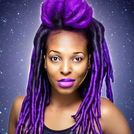 Prompt: black woman with purple dreads in space