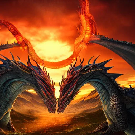 Prompt: Two dragons intertwined with one another breathing fire, masterpiece, 4k render, sunset, forest, incredible detail,