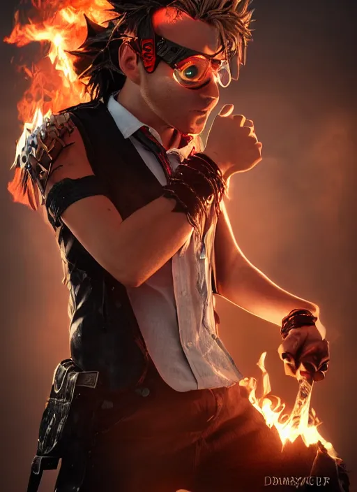 Image similar to An epic fantasy comic book style portrait painting of young man with long red spiked hair. Wearing a black waistcoat, white shirt, using googles. Blasting fire on his hands. Unreal 5, DAZ, hyperrealistic, octane render, cosplay, RPG portrait, dynamic lighting