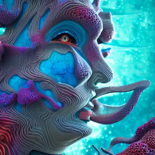 Image similar to Face of a Alien Deity, corals, plume made of geometry, extremly detailed digital painting, sharp focus in the style of android jones, artwork of a futuristic artificial intelligence superstar, mystical colors, rim light, beautiful lighting, 8k, stunning scene, raytracing, octane, under water visual distortion, trending on artstation