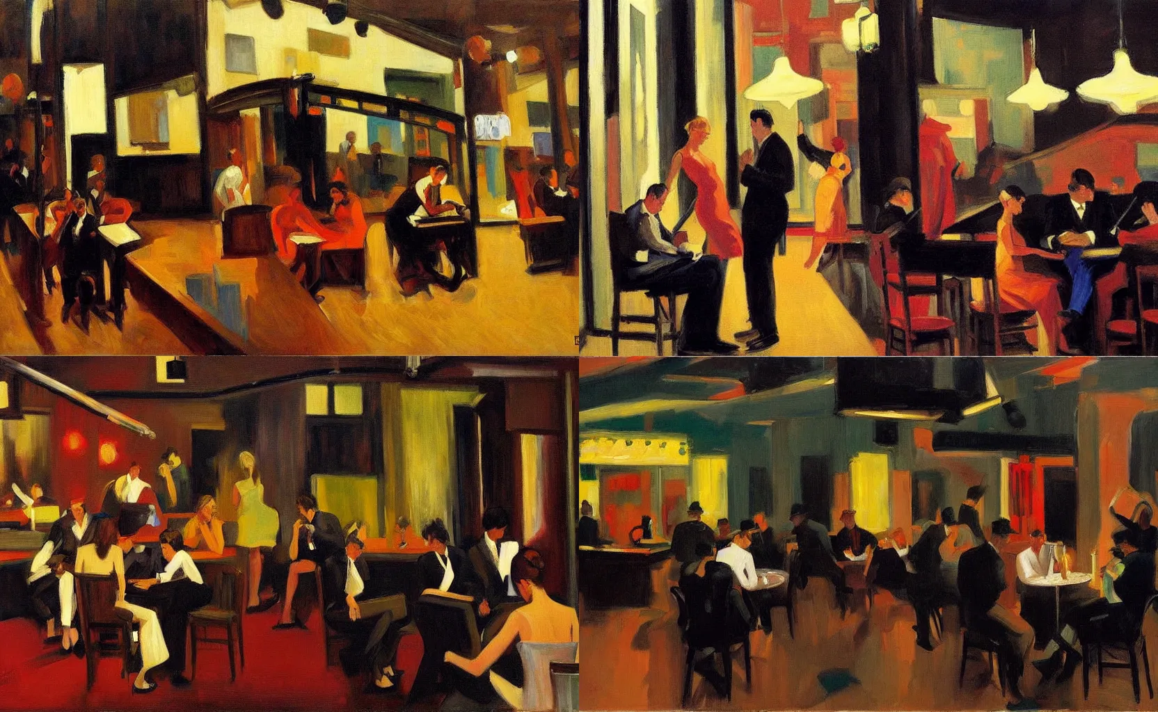 Prompt: the interior of a moody jazz club, painting by Ben Aronson and Edward Hopper