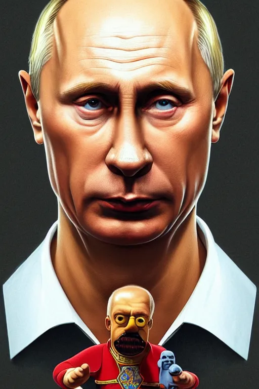 Image similar to vladimir putin as homer simpson from the simpsons, realistic portrait, symmetrical, highly detailed, digital painting, artstation, concept art, smooth, sharp focus, illustration, cinematic lighting, art by artgerm and greg rutkowski and alphonse mucha