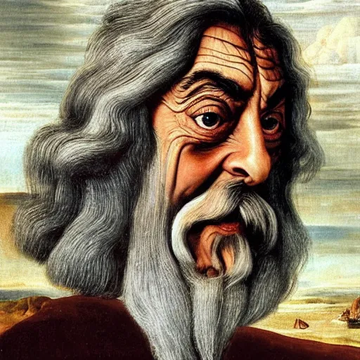 Image similar to A portrait of Mr. bean depicted as Gandalf, renaissance oil painting by Salvador Dali