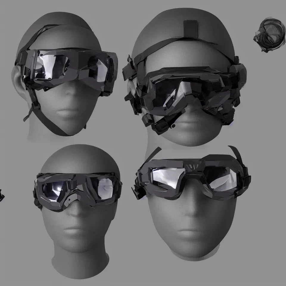 Prompt: front view minimalist nano cyber headgear combat goggles helmet highly detailed product catalog, hyper concept art, smooth, crisp sharp focus, simple draft aaa unreal artstation