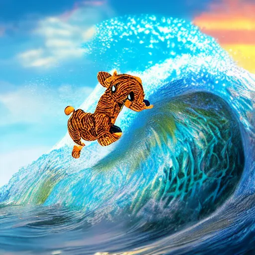 Image similar to a closeup photorealistic photograph of a cute smiling knitted tiger hippopotamus riding an epic wave at sunset. surf in the background. professional capture. brightly lit scene. this 4 k hd image is trending on artstation, featured on behance, well - rendered, extra crisp, features intricate detail, epic composition and the style of unreal engine.