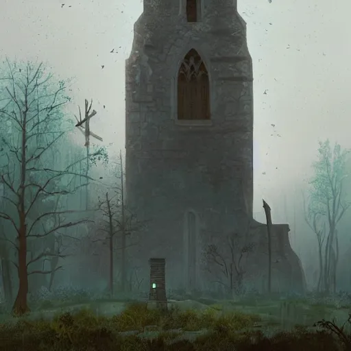 Image similar to monumental old ruins, church, tower of a dark misty forest, overcast, sci - fi digital painting by simon stalenhag