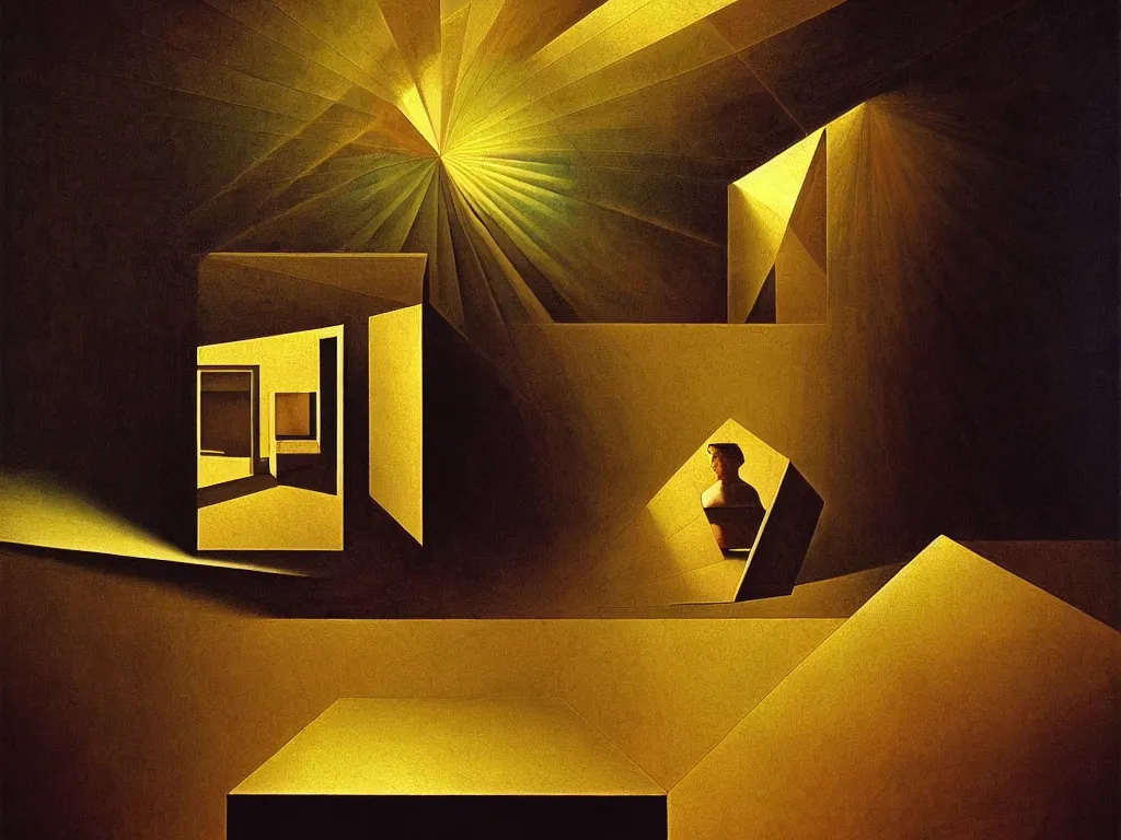 Image similar to hyperrealistic still life portrait of a mind exploding inside of a serene temple, beautiful plans, sacred geometry, light refracting through prisms in a tesseract, by Caravaggio, botanical print, surrealism, vivid colors, serene, golden ratio, rule of thirds, negative space, minimalist composition