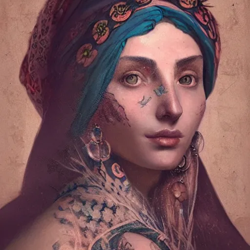 Prompt: “Stunning portrait of ottoman woman with ancient tattoos by Greg Rutkowski and gustav dore, in the style of character art, masterpiece , ultra detailed face and eyes, illustration, epic, ultimate, fantastic, focus shot, soft lighting, 8K Resolution HD, High quality image”