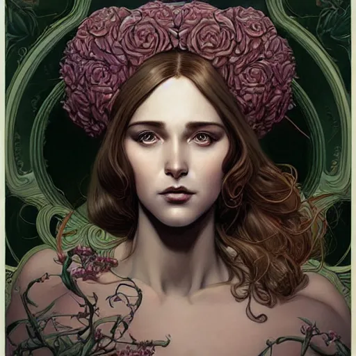 Image similar to a beautiful detailed front view portrait of a woman with ornate growing around, ornamentation, artgerm, joshua middleton comic cover art,