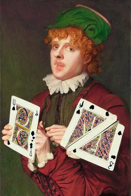 Image similar to intricate beautiful wide - shot, the handsome man, blonde reddish hair, in green and pink clothes of 1 7 th century, holds playing cards, in card's player by sezanne, matte painting, renaissance painting, by paul sezanne by leyendecker, by artgerm, rutkowskyi