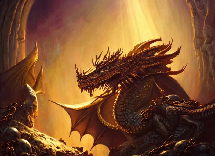 Prompt: dragon asleep on a pile of treasure, dramatic light, dungeon background, treasure, gold, jewels, treasure pile, high detail, fantasy background, painted todd lockwood, stanley lau, greg rutkowski, artgerm, digital art, trending on artstation