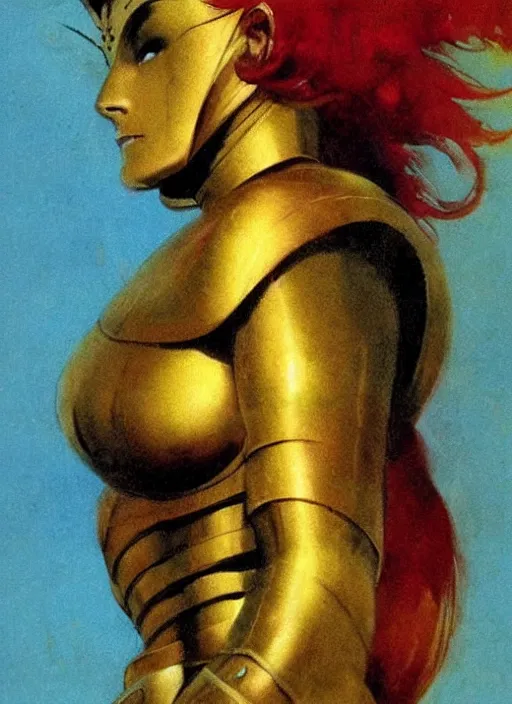 Prompt: portrait of angelic female guardian, vibrant hair, golden armor, strong line, vibrant color, beautiful! coherent! by frank frazetta, high contrast, minimalism