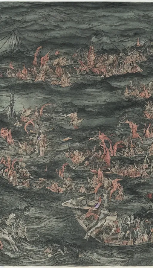 Prompt: man on boat crossing a body of water in hell with creatures in the water, sea of souls, by zeng fanzhi