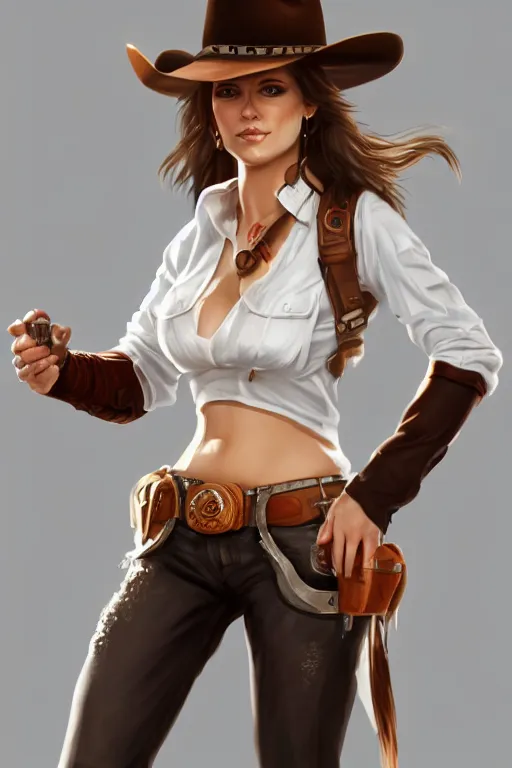 Image similar to full body, female cowgirl, perfect face, white blouse, holster, 8 k, magic the gathering, desert, d & d, artstation, high detail, smooth, sweaty