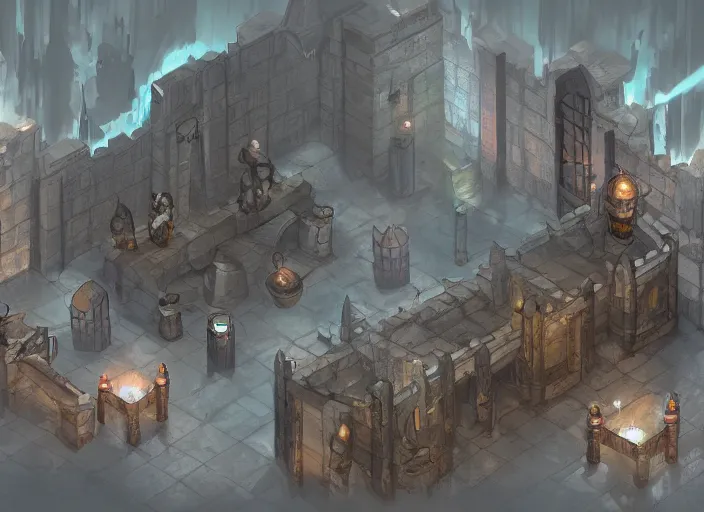 Prompt: digital art of a dungeon with jail cells that use arcane energy, trending on artstation