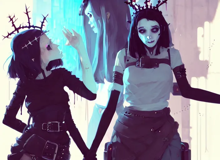 Image similar to two cute goth maiden girls with crown of thorns and white short hairs, dressed in leather belts, warhammer, cyberpunk, by atey ghailan, by greg rutkowski, by greg tocchini, by james gilleard, by joe gb fenton, by kaethe butcher, dynamic lighting, gradient light blue, brown, blonde cream and white color in scheme, grunge aesthetic