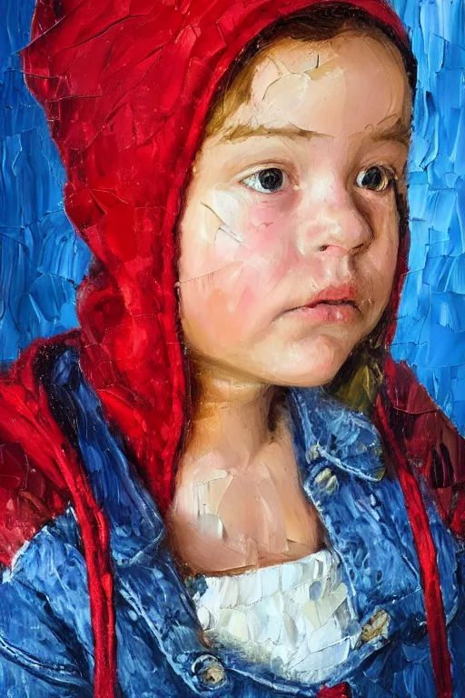 Image similar to palette knife oil painting portrait of nellie, a small figured young woman, dressed like a country bumpkin : jeans, boots, a pointy bright red hoodie. extreme detail, artstation trending, artgerm, any racial background, deviant art, octane, substance, art history 8 k