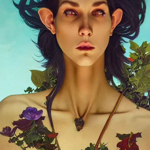 Image similar to a beautiful and androgynous half - elf with messy short red hair and dark skin tone and feline features and yellow eyes with slit pupils, wearing a colorful men's suit, dnd character, realistic digital painting by kehinde wiley and ross tran and gerald brom and fernando amorsolo and alphonse mucha, trending on artstation