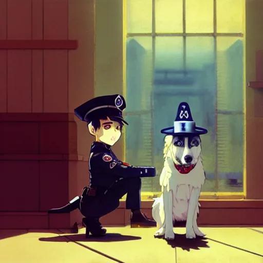 Prompt: dog as a mall cop, wearing a fun hat, makoto shinkai ghibli takashi takeuchi yoshiyuki sadamoto jamie wyeth james gilleard greg rutkowski chiho aoshima