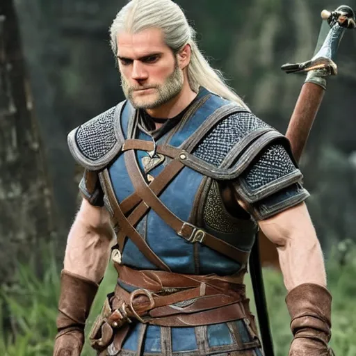 Image similar to Henry Cavill as Geralt of Rivia in The Legend of Zelda Breath of the Wild