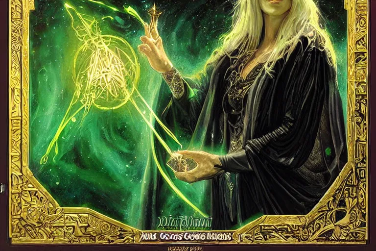 Prompt: a beautiful sorceress wearing a black robe with gold embroidery, sitting at table, casting a spell, green glows, painted by donato giancola and artgerm, in the style of magic the gathering, highly detailed digital art