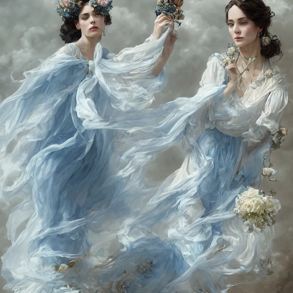 Image similar to lady dressed in a vaporous wrapped large victorian cream roses silk semi-transparent blue and cream dress fashion is running D&D, fantasy, intricate, elegant, highly detailed, digital painting, artstation, concept art, matte, sharp focus, illustration, art by Artgerm and Greg Rutkowski and Alphonse Mucha