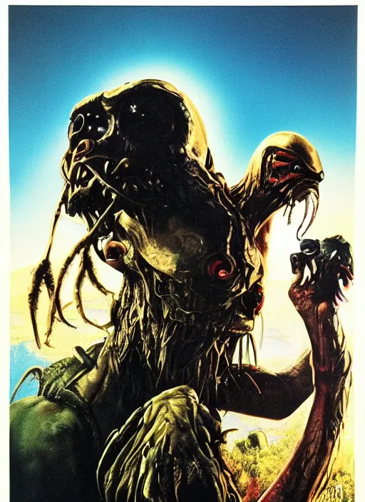 Image similar to Predator (1987) versus E.T. (1982) movie poster, illustration by Drew Struzan, John Alvin, highly detailed