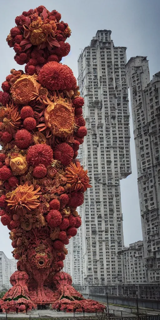 Image similar to colossal grotesque flower made from unfulfilled communist dreams in the middle of abandoned early soviet constructivist cityscape, Stalinist architecture, ultradetailed, Intricate by Hayao Miyazaki and Josan Gonzalez and Makoto Shinkai and Giuseppe Arcimboldo and Wes Anderson