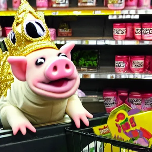 Image similar to cute pig wearing a gold crown as a Muppet 8k shopping at a grocery store