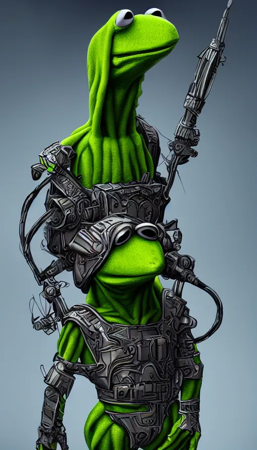 Image similar to Kermit cyborg warrior, insane, intricate, highly detailed, digital painting, artstation, concept art, smooth, sharp focus, illustration, Unreal Engine 5, 8K