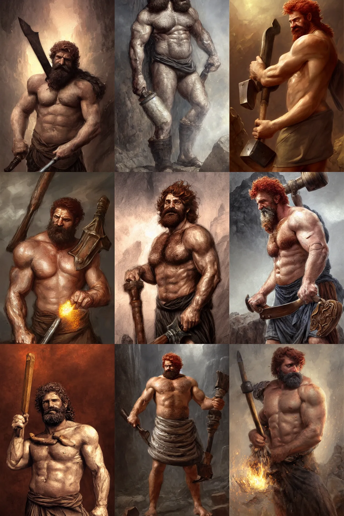 Prompt: portrait of rugged hephaestus, god of forge, greek god, red hair, masculine, mature, handsome, upper body, muscular, hairy chest, holding a hammer, blacksmith apron, fantasy, intricate, elegant, highly detailed, digital painting, artstation, concept art, smooth, sharp focus, illustration, art by gaston bussiere and greg rutkowski