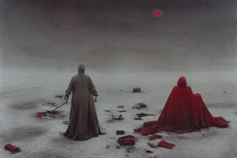 Image similar to a surrealist painting of a lonely woman with pale skin and red hair, standing over pile of bodies in post apocalyptic snowy landscape, painted by zdzisław beksinski