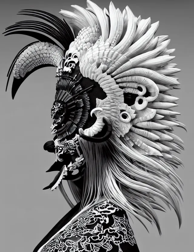 Image similar to 3 d goddess close - up profile simple portrait punk with mohawk with ram skull. beautiful intricately detailed japanese crow kitsune mask and clasical japanese kimono. betta fish, jellyfish phoenix, bio luminescent, plasma, ice, water, wind, creature, artwork by tooth wu and wlop and beeple and greg rutkowski